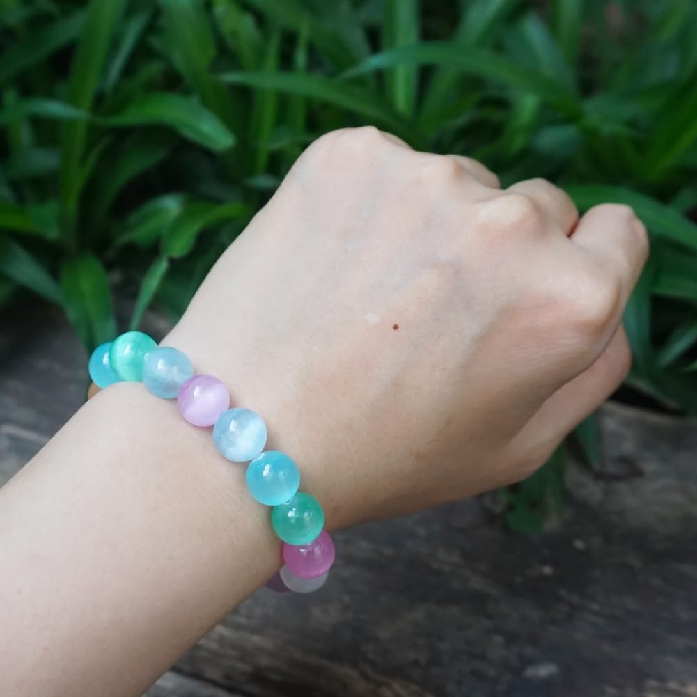 TaHLga 10mm Rainbow Selenite Bracelet - Iridescent Natural Crystal | Handmade Meditation Bracelet with Cat-Eye Effect | Come with Beading Tool Kit - Adjustable to 6.5-8 inches Wrist Size