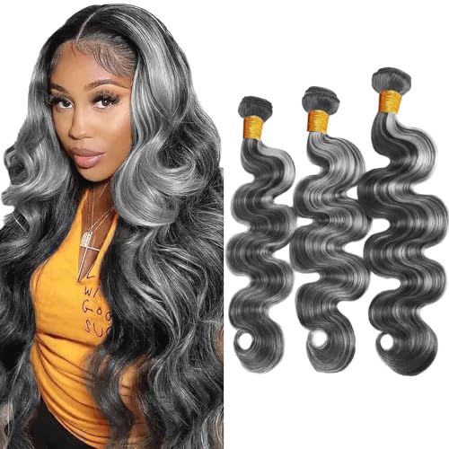 Grey Human Hair Bundles 30 32 34 Inch Body Wave Bundles Human Hair Unprocessed Native Virgin Hair 100/PC 3 Extensions P1B/Grey Color Highlight Dyeing Wet and Wavy Human Hair Extensions for Women