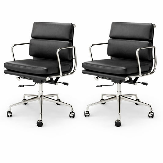 Aekinsly Top Grain Leather Mid-Back Executive Office Chair, Ergonomic Desk Chair with Aluminum Alloy Frame & 5-Star Base, Thick Plush Cushion, Lumbar Support Swivel Chair for Home Office (2, Black)