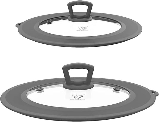 Set of 2 Vented Tempered Glass Universal Lid for Pot Pan Skillet with Heat Resistant Silicone Microwave Splatter Cover Microwave Safe Fit 6.5" 7" 7.5" and 9.5" 10" 10.5" 11", Light Grey