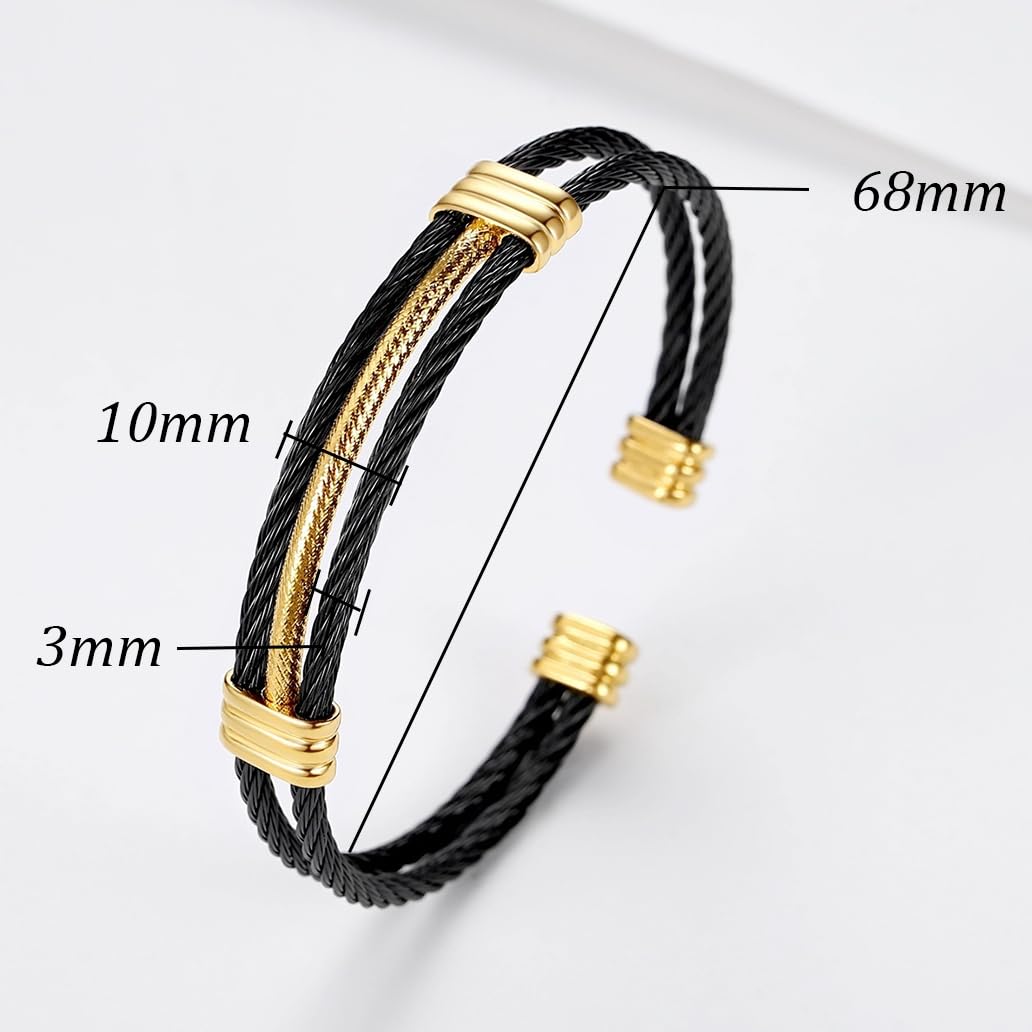 LXBQYSTO Cable Wire Twisted Cuff Bangle Bracelet For Women 14K Gold/rose/silver Stainless Steel Jewelry for Women Gift (Cuff-Black&Gold)