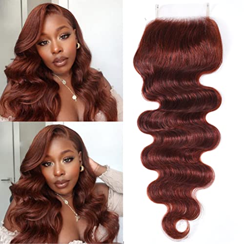 UNICE Reddish Brown Body Wave Human Hair 4x4 Lace Closure Free Part, Brazilian Human Remy Hair Auburn Brown Body Wave Human Hair Closure 33B Color 18 inch