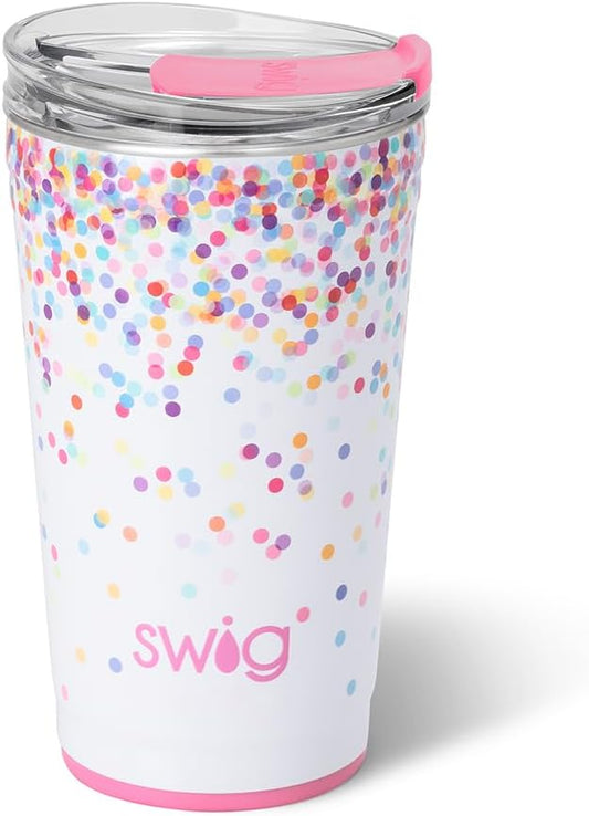 Swig Life 24oz Party Cup, Stackable Insulated Travel Coffee Tumbler with EZ Slider Lid, Cup Holder Friendly, Stainless Steel 24 oz Tumbler, Reusable Coffee Mug (Confetti)