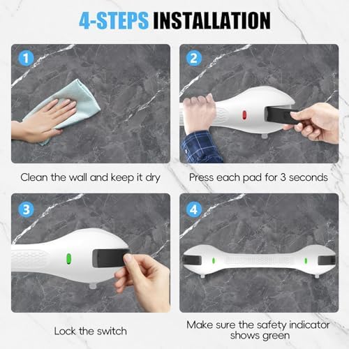 17 Inch Shower Handle, Grab Bars for Bathtubs and Showers, Disabled and Elderly Strong Suction Cup, Seniors Handicap Safety Handrail for Bathroom Toilet Tiles Glass - White