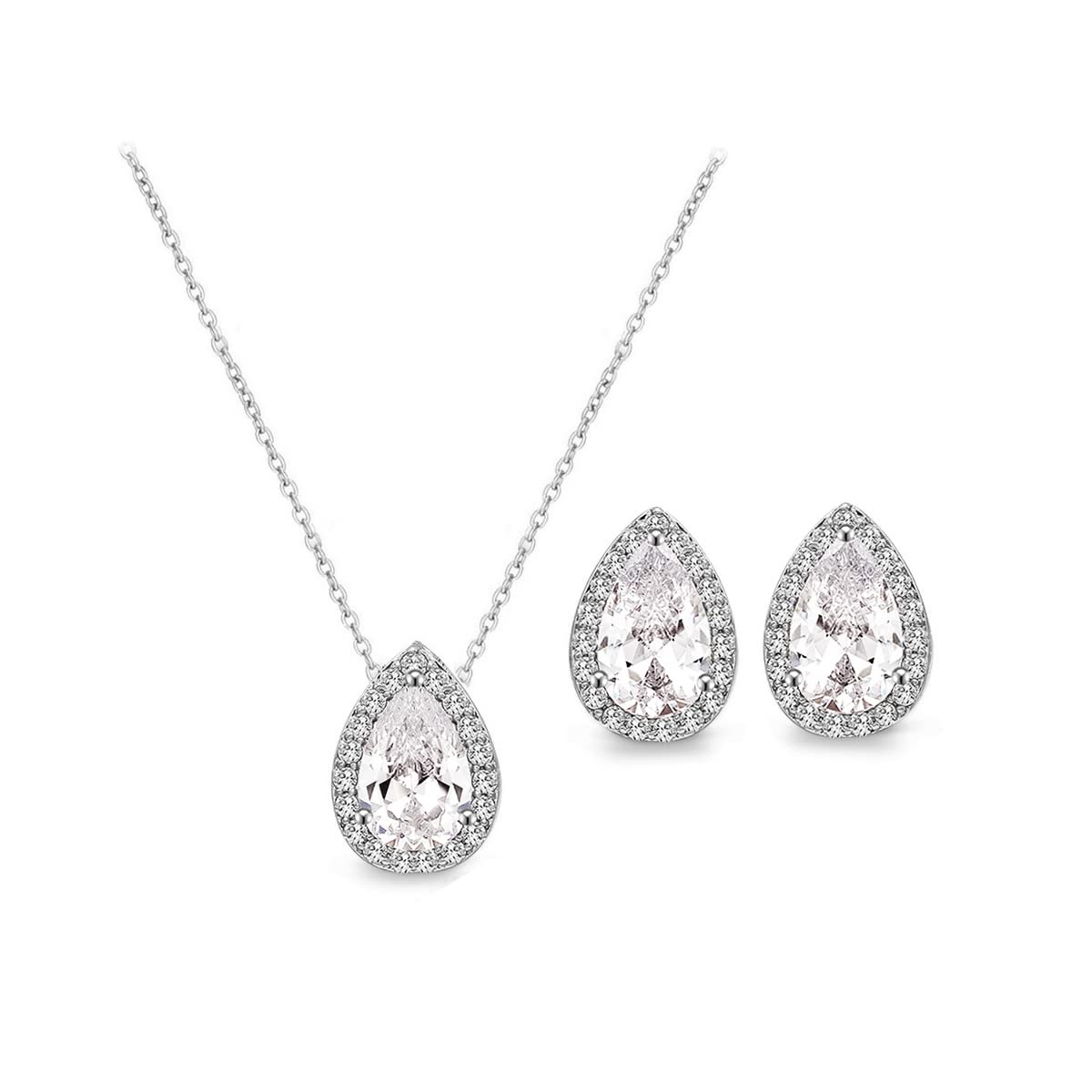 UDYLGOON Teardrop Cubic Zirconia Jewelry Set Necklace Earrings Bracelet Bridal Wedding Jewelry for Women Bridesmaid Prom Party (2 Set - White Gold Plated)