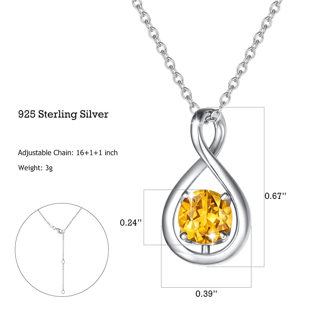 FANCIME Citrine Necklace November Birthstone Sterling Silver Yellow Topaz Gemstone Dainty Infinity Pendant Fine Jewelry Anniversary Birthday Mothers Day Gifts for Women Her Mom