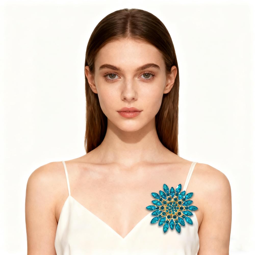 Rhinestone Large Flower Brooches Pins for Women Fashion Sparkly Crystal Sunflower Statement Brooch Unique Wedding Party Suit Dress Jewelry Accessories (Blue3)