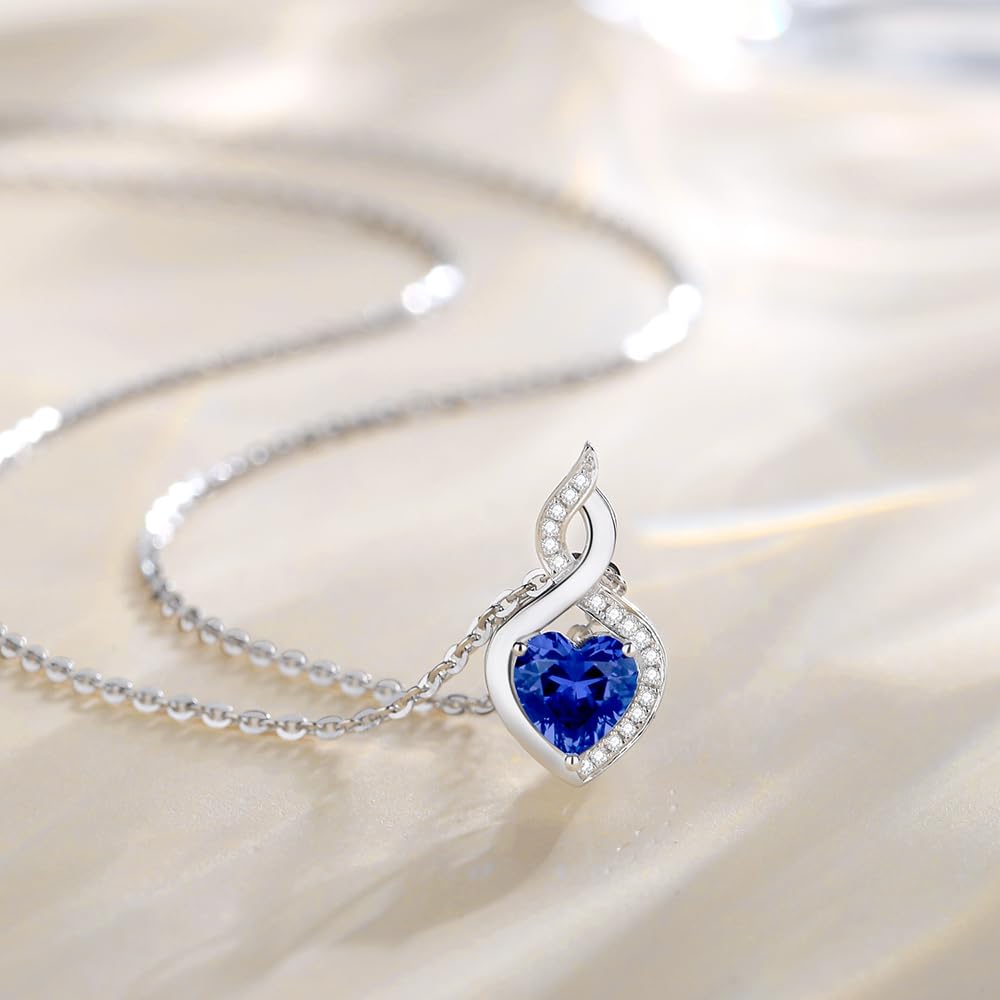 FANCIME Sapphire Necklace 14K Solid White Gold Heart Pendant with Diamond September Birthstone Necklace Jewelry Gifts for Mom Women