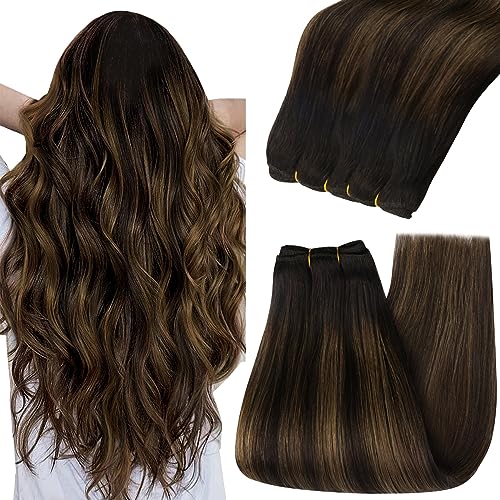 YoungSee Human Hair Sew in Extensions Brown Balayage Human Hair Weft Extensions Darkest with Medium Brown Balayage Sew in Hair Extensions Long Straight Hair 100G 22Inch