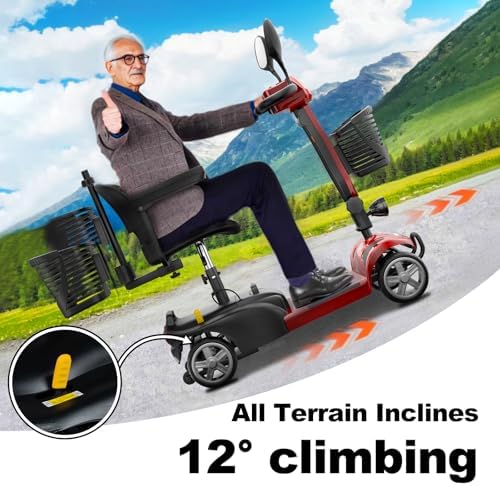 4-Wheel Foldable Mobility Scooters for Seniors, Detachable Battery, Upgraded Large Seat, Electric Scooter for Adults 15-Mile Range, Front & Rear Baskets, USB Port, Dual Mirrors, LED Headlight