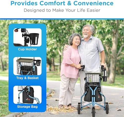 Nova Joy Traveler Folding 3 Wheel Walker with Tray, Basket and Pouch - Lightweight Mobility Aid for Seniors - 8 Inch Wheels - Essential for Tight Spaces and Travel - Sky Blue