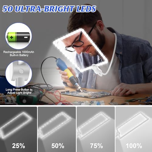Rechargeable Hands Free Magnifying Glass with 50 LEDs Light, Large Reading Magnifying Glasses with Flexible Gooseneck, Lighted Magnifier Perfect for Reading, Hobbies, Low Vision Seniors