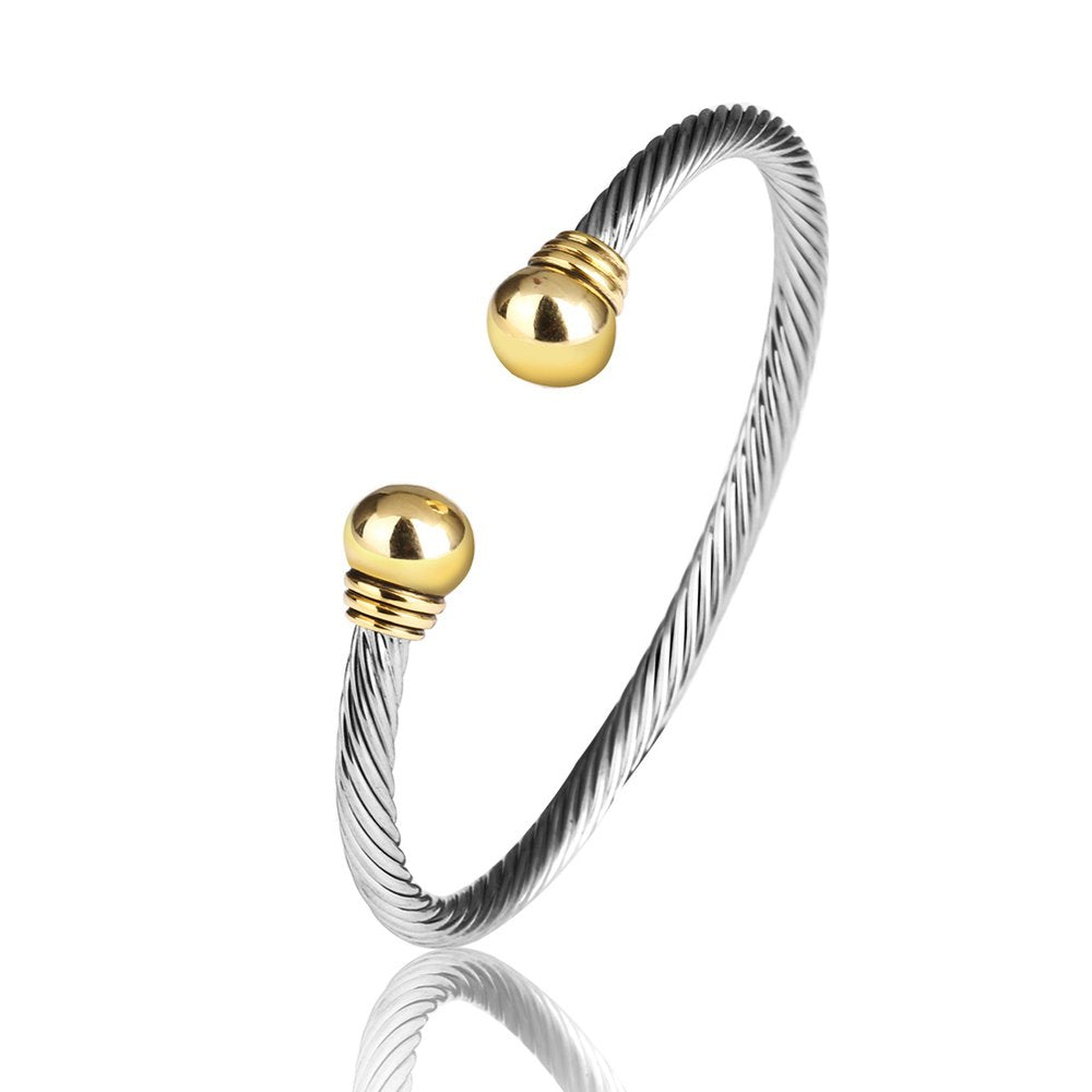 UNY Jewel Jewelry European American Fashion Vintage Twisted Cables Designer Inspired Rhodium 2 Tone Plated Cuff Bracelet Bangle Design
