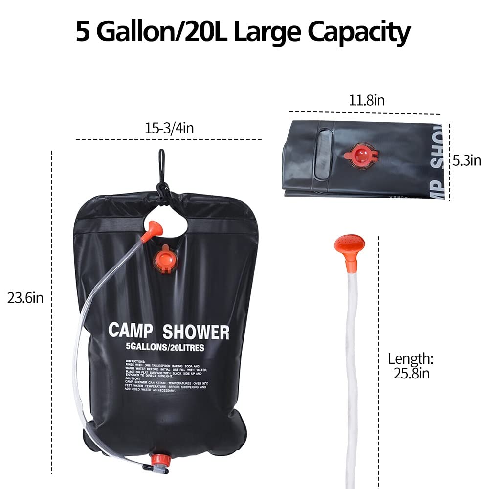 DkOvn 2 Pack Solar Shower Bag, 5 Gallons/20L Camping Shower Bag, Portable Shower Bag with Removable Hose and On-Off Switchable Shower Head for Camping Beach Swimming Outdoor Traveling