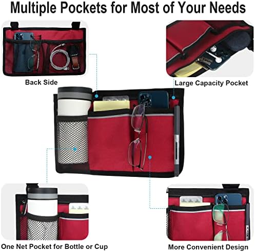Wheelchair Side Bag, Wheelchair Armrest Storage Pouch with Cup Holder Use of Waterproof Fabric, for Most Wheelchairs, Walkers or Rollators (Red)