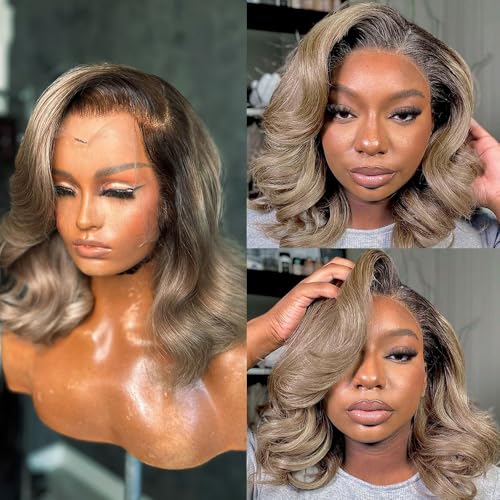 1b/Ash Blonde Lace Front Wig Human Hair Pre Plucked Hairline 180% Density Short Bob Human Hair Wigs For Women Summer Bob 13x4 Lace Front Wig 1b Grey Human Hair Wigs (16inches)