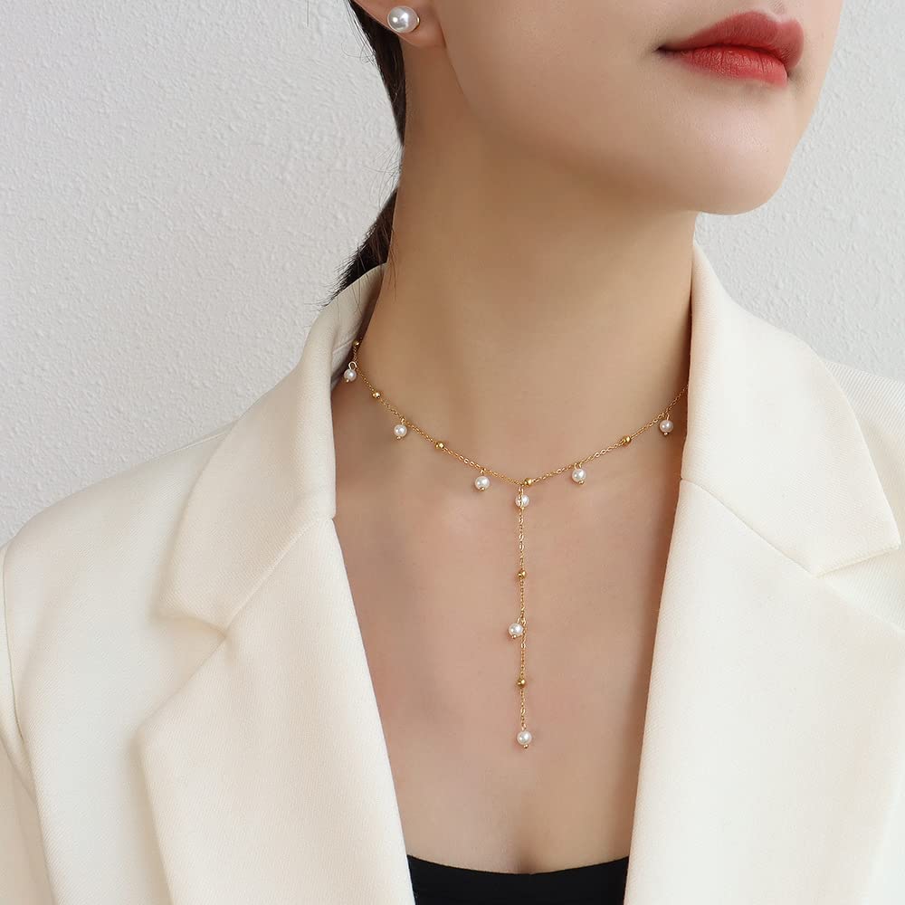 18K Gold Pearl Pendant Necklace, Freshwater Pearl Y-shaped Necklace, Women's Day, Birthday Gift for Wife, Girlfriend (style two, 18K)