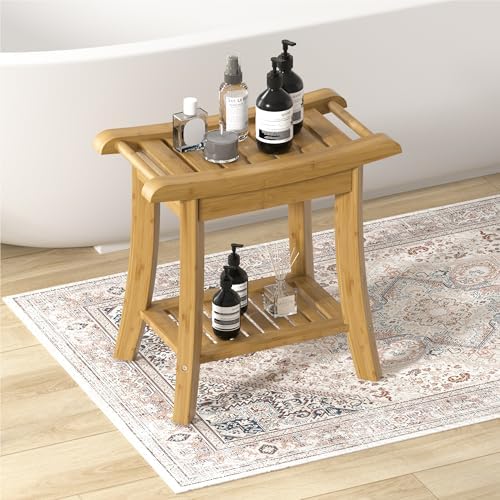 Bamboo Shower Bench Stool with Storage Shelf Small Shower Chair Seat for Inside Shower 19 x 10 x 18 Inches Natural