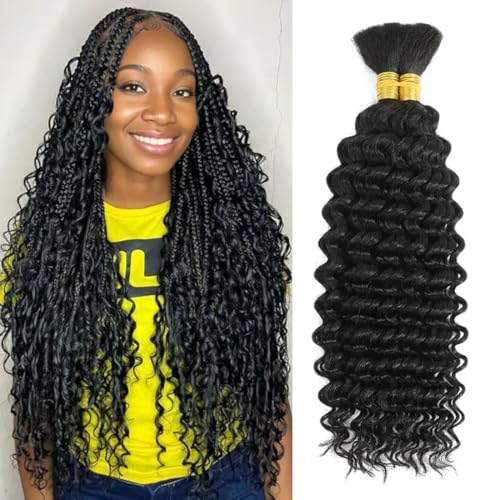 Human Braiding Hair for Boho Braids 12A Deep Water Wave Bulk Human Hair for Braiding No Weft Wet and Wavy Curly Human Hair Extensions (1B-Natural Black-Deep, 110g-28 Inch)