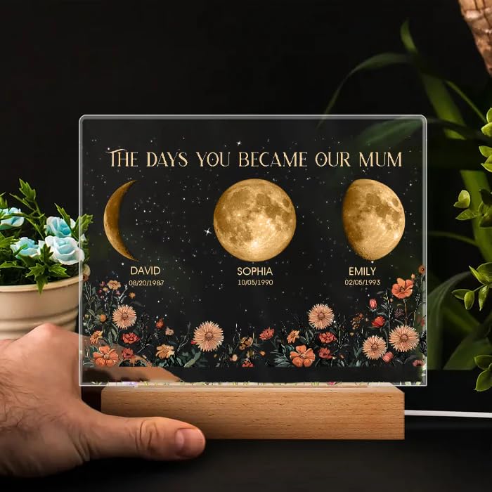 Custom Moon Phase Photo Frame with Night Light Personalized Moms Sky Moons Light Box with Kid's Name Birthdate Gift For Mother's Day Mom Grandma Anniversary Birthday (Acrylic Plaque, Moon & Flower)