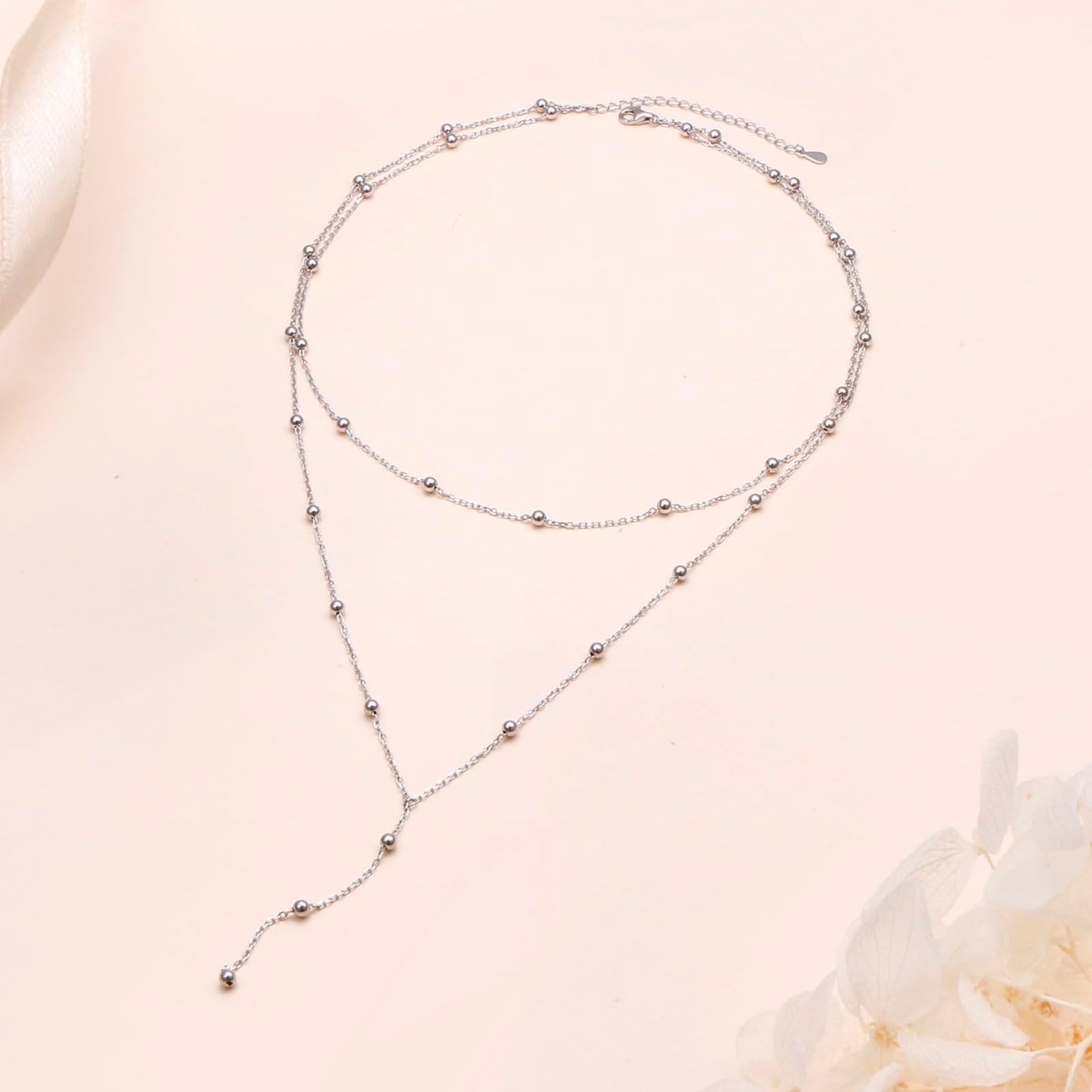 FLYOW Layered Necklace for Women Sterling Silver Beaded Double Trendy Layered Choker Y Lariat Long Necklace Dainty Mothers Day Valentine's Day Birthday Gift for Ladies