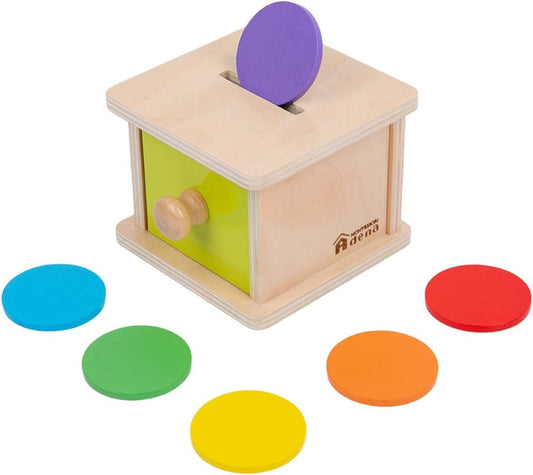 Adena Montessori Coin Box,Object Permanence Box for 1 Year Old Baby Coins,Wooden Ball Drop Developmental Toys for 6-12 Month Infant Toddler,Learning Kids Gifts(Yellow-Green Door)