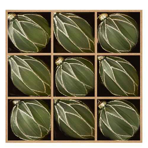 WDS WONDROUS Christmas Ball Ornaments, Vintage Ball & Teardrop Xmas Tree Ornament Set, Hanging Assorted Glass Balls for Holiday Home Party Decor (9Pcs, Sage Green & Gold Line)