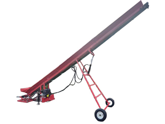 7HP Gas Firewood Conveyor 18FT Hydraulic Adjustable Height Wood Elevator with 9.25" PVC Anti-Slip Belt, Manual Pull Start, Trailer Hitch & Tires – Portable Log Conveyor for Farm, Home, Commercial Use