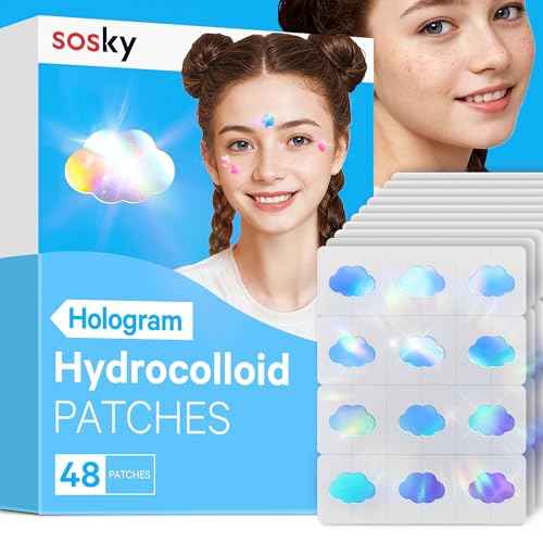 Sosky Hologram Pimple Patches for Face, Hydrocolloid Acne Patches with Salicylic Acid, Cute Star Zit Stickers,Colorful Blemish Covers,48 Count Blue Cloud