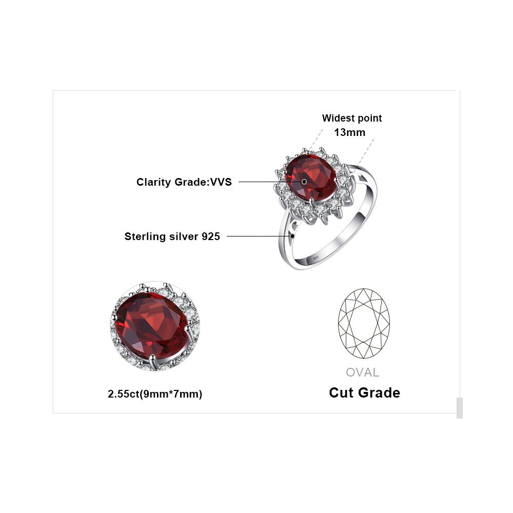 JewelryPalace Princess Diana Kate Middleton Gemstone Birthstone Genuine Red Garnet Halo Statement Engagement Rings for Women, 14K White Gold Plated 925 Sterling Silver Promise Rings for Her Size 10.5
