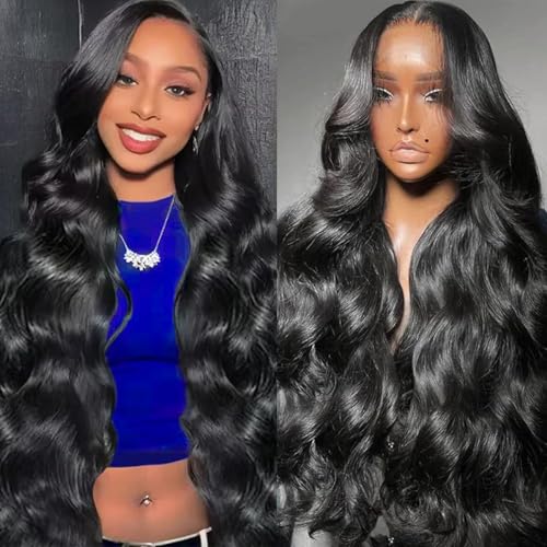 13x6 Lace Front Wigs Human Hair Pre Plucked, 180% Density Body Wave HD Transparent Lace Frontal Wigs with Baby Hair for Women, Glueless Wig, Natural Black, 24 Inch