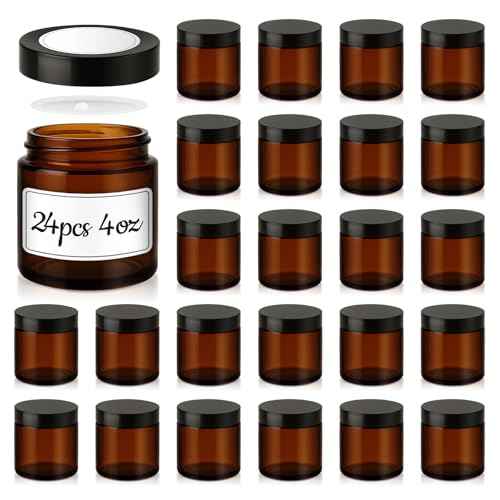 4 oz Glass Jars with Lids, 24 Pack Amber Small Glass Jars with Black Lids Leakproof Round Airtight Empty Cosmetic Travel Containers with Inner Liners For Lotions Powders and Candle Making