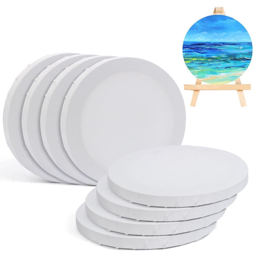 8 Pack Round Painting Canvas Panels, 8in Oil Painting Canvas Multipack for Acrylic, Oil, Gouache, Tempera Paints & Wet Art Media