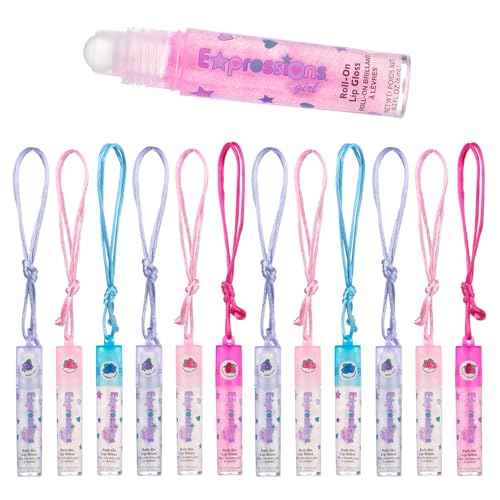 12pc Lip Gloss Necklace, Fruit Flavored Lip Gloss Set, Lip Gloss Value Pack, Teen Girls Party Favors, Non Toxic Lip Gloss Necklaces For Girls