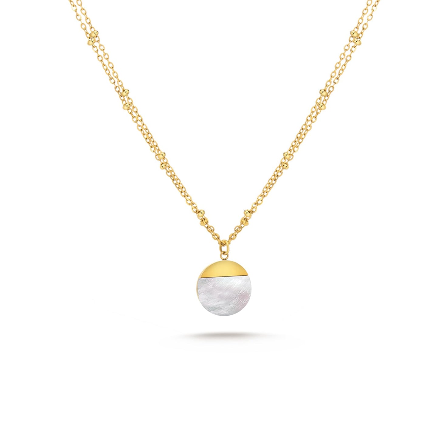 Milan Chiva 14K Gold Plated White Mother of pearl Layered Stacked Necklace for Women, Dainty Trendy Non Tarnish Circle Pendant Charm Necklaces Fashion Jewelry for Women Waterproof MNS-1008WT