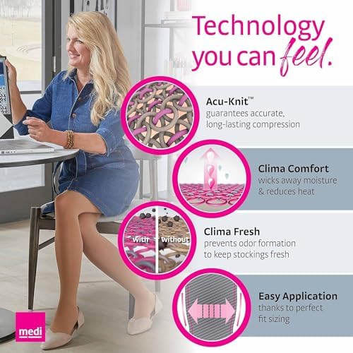medi Assure 20-30 mmHg Thigh High Compression Stockings with Silicone Top Band – Open Toe Leg Circulation, Stockings for Women, Semi-Opaque Leg Support Compression Hosiery , Small, Beige