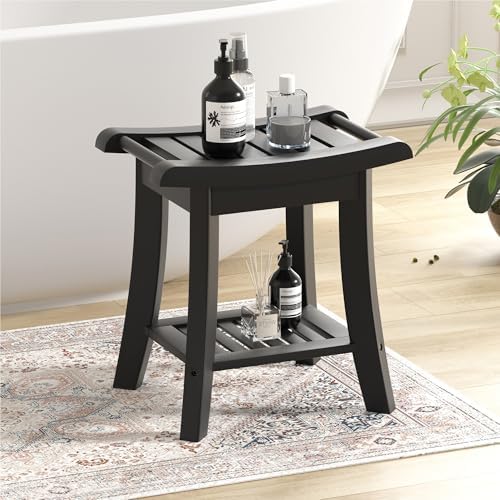 Bamboo Shower Bench Stool with Storage Shelf Small Shower Chair Seat for Inside Shower 16 x 10 x 17 Inches Black