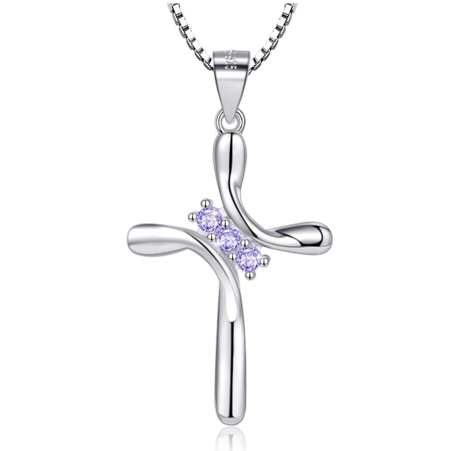 EVERU S925 Sterling Silver Cross Necklace for Women Birthstone Necklace with Cubic Zirconia 18K Gold Plated Cross Pendant Jewelry Ideal Gift Light Purple Alexandrite June