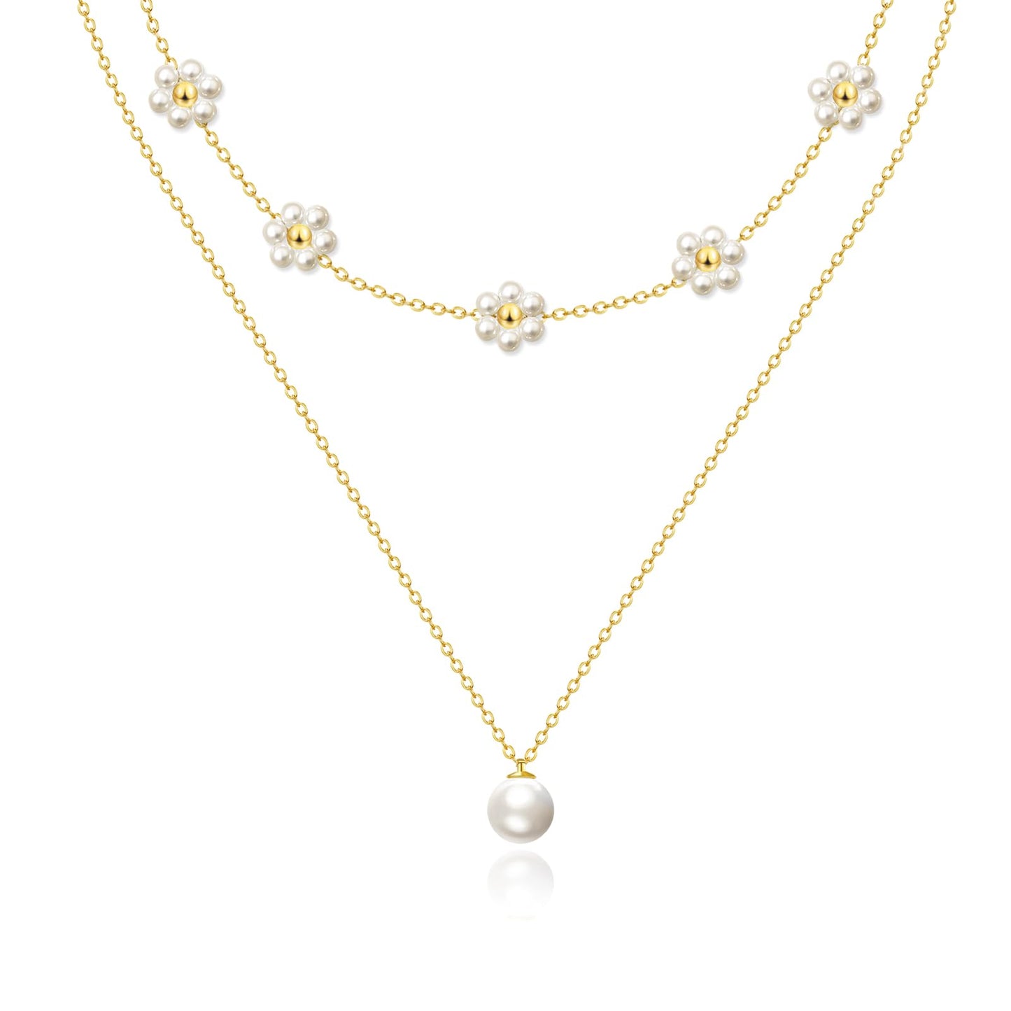 Zeffy Gold Daisy Flower Pearl Layered Necklace Cute Gold Necklace Stack Wedding Jewelry Sets for Women Bridesmaid Gifts 2PCS