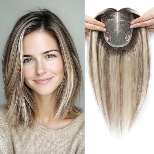 Human Hair Topper 12Inch 4x4.8inch Large Swiss Base with Thinning Hair (Ombre Light Brown with Blond Highlight)
