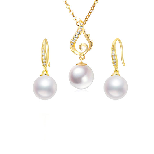 14k Gold Diamond Pearl Necklace and Earrings Jewelry Set