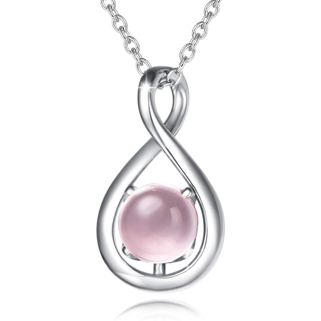 FANCIME Sterling Silver Rose Quartz Necklace Dainty Infinity Pendant Pink Crystal Birthstone Anniversary Birthday Jewelry Mothers Day Gifts for Mom Women Daughter, 16+2 Inch