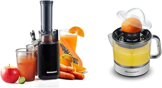 Elite Gourmet Compact Masticating Slow Juicer, Cold Press Juice Extractor, BPA-Free, with Electric Citrus Juicer, Pulp Control, 24oz