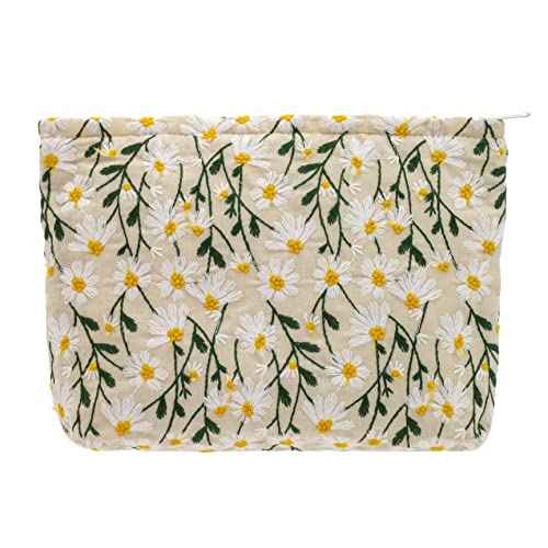 Makeup Bags for Purse Zipper Cosmetic Pouch Large Travel Canvas Make Up Organizer Tool Pouch for Women and Girls,Daisy White