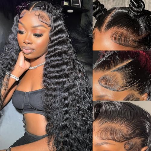 13x6 Deep Wave Lace Front Wigs Human Hair Wig 180 Density Deep Curly Lace Frontal Glueless Human Hair Lace Front Wig Pre Plucked Natural Black 24 Inch