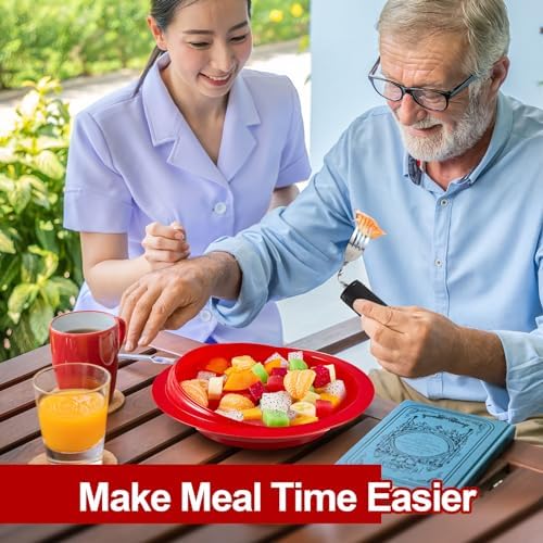2 Sets Adaptive Utensils Bowl and Plate Set Adaptive Self Feeding Dinnerware with Suction Base Non Slip Bendable Cutlery for Elderly Disabled Hand Tremors Arthritis Parkinson(Red)