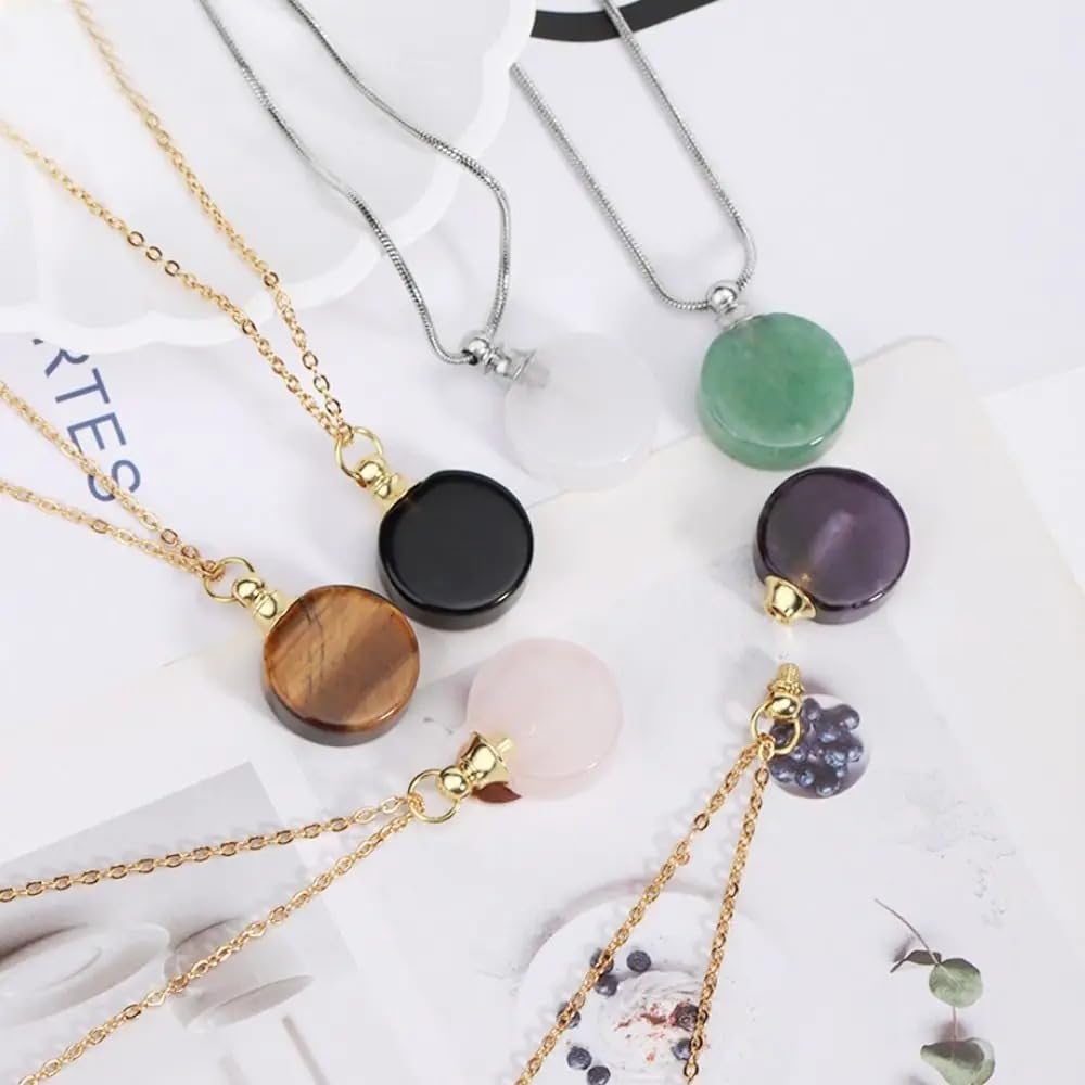 925 Sterling Silver Essential Oil Necklace For Women And Men, 14K Gold Filled Natural Stone Round Perfume Bottle Necklace, Essentials Oil Diffuser Vial Necklace (7 - Essential Oil Necklace)