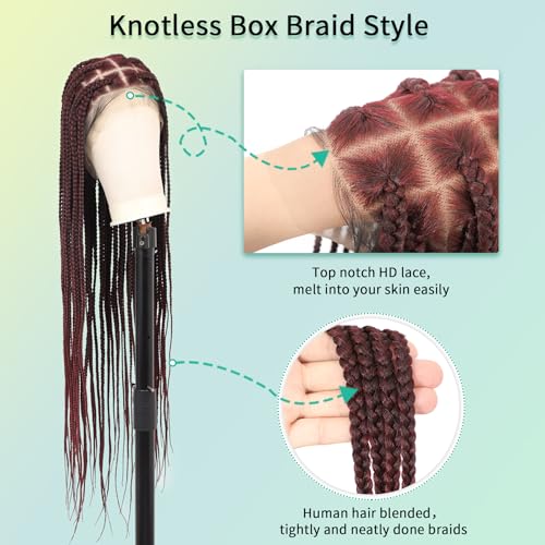 360 HD Full Lace Knotless Braided Wigs with Baby Hair Box Braid Wig for Women Premium Synthetic Burgundy Natural Braided Lace Front Wigs 36 Inch