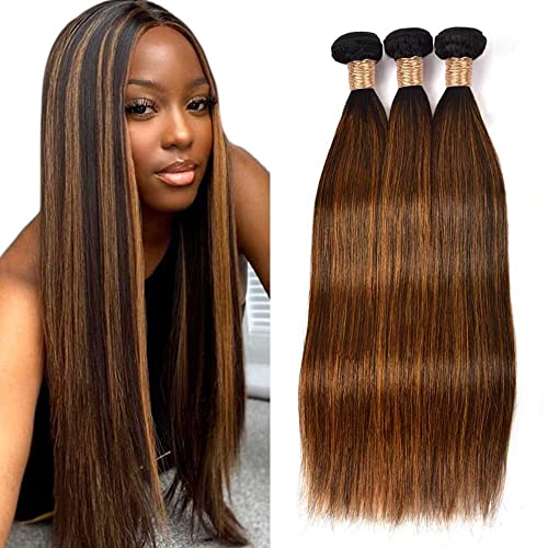 Straight Human Hair Bundles 22 24 26 Inch Brazilian Chocolate Brown Highlight P4/30 Straight Bundles Human Hair 100% Unprocessed Raw Quick Weave Hair for Black Women