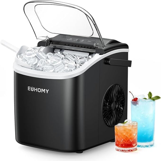 EUHOMY Countertop Ice Maker Machine with Handle, 26.4lbs in 24Hrs, 9 Ice Cubes Ready in 6 Mins, Self-Cleaning Portable Ice Maker with Basket and Scoop, for Home/Kitchen/Camping/RV. (Black)